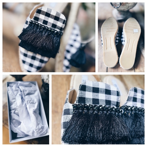 Gingham Mules Jeweled Fringed Espadrille Slides EU 40 NWT VV14 - Picture 3 of 9